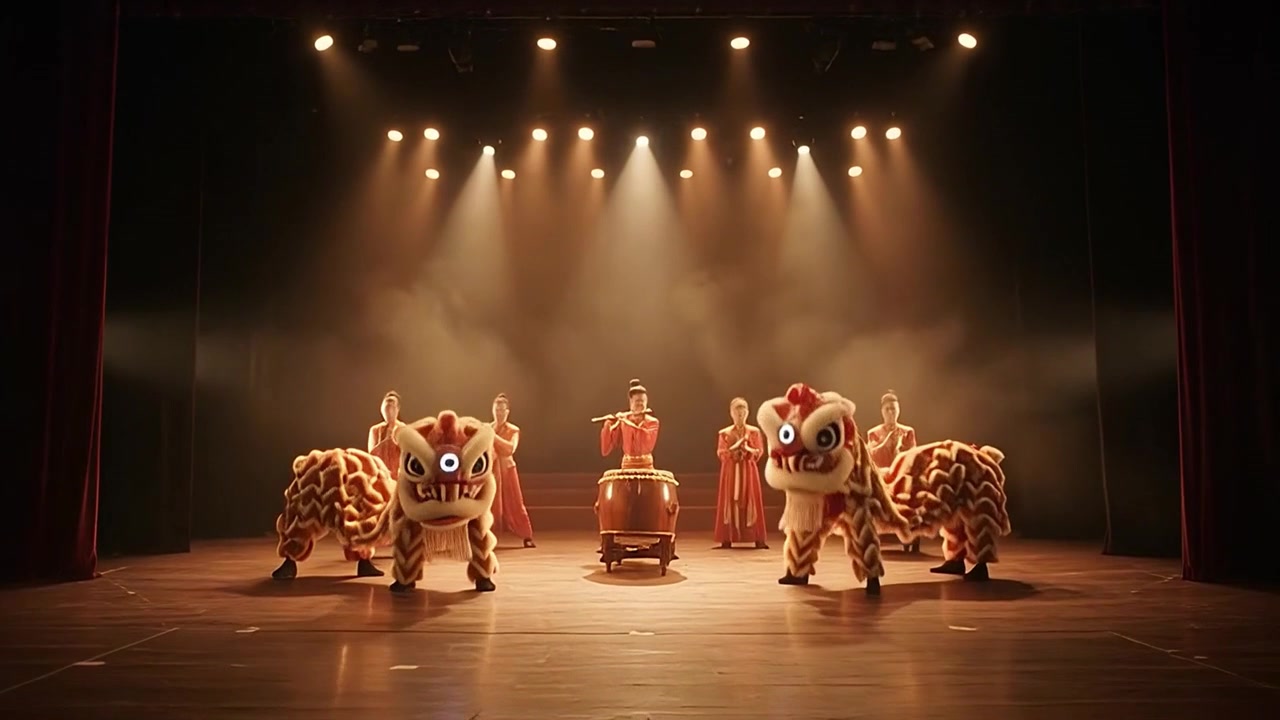 Spettacolo tradizionale di tamburi cinesi con danza del leone sul palco
