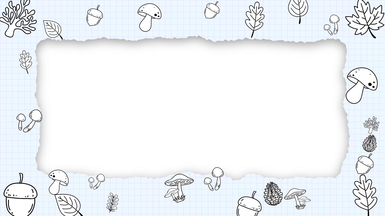 Animated autumn border features falling doodle leaves, acorns, and mushrooms framing central copy space.