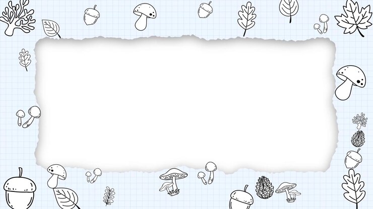 Animated autumn border features falling doodle leaves, acorns, and mushrooms framing central copy space.