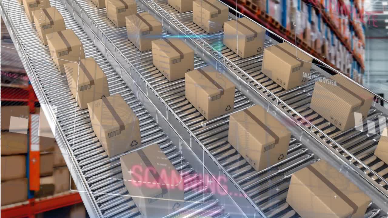 상자를 가진 컨베이어 벨트 위에서 통계 처리의 애니메이션