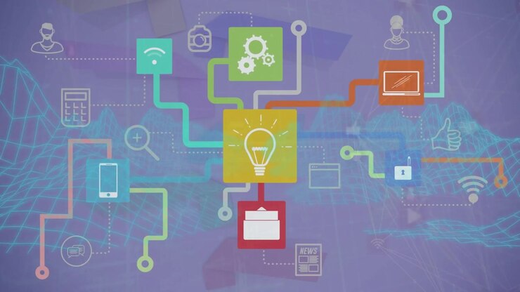 Animación de red de conexiones con iconos sobre modelo arquitectónico