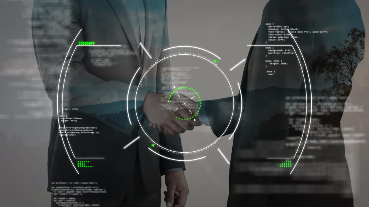Animation of scope scanning over businessman handshake