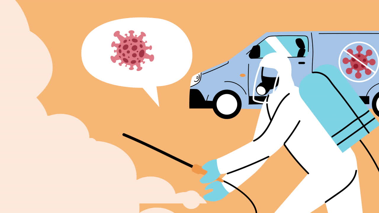 trabajador con traje de bioseguridad y servicio de pulverización de desinfectante y furgoneta