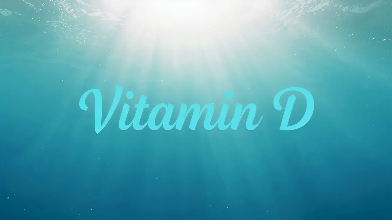 Sun pulsing causing cursive Vitamin D shifting upward underwater toward sunbeams, with particles