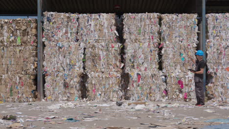 worker at paper recycling facility counting pressed and bound paper bales, wide