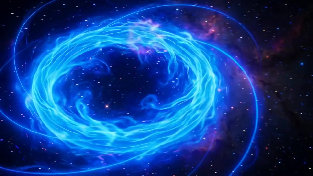Flussi di plasma blu che vorticano lungo linee di campo magnetico invisibili nell'oscurità