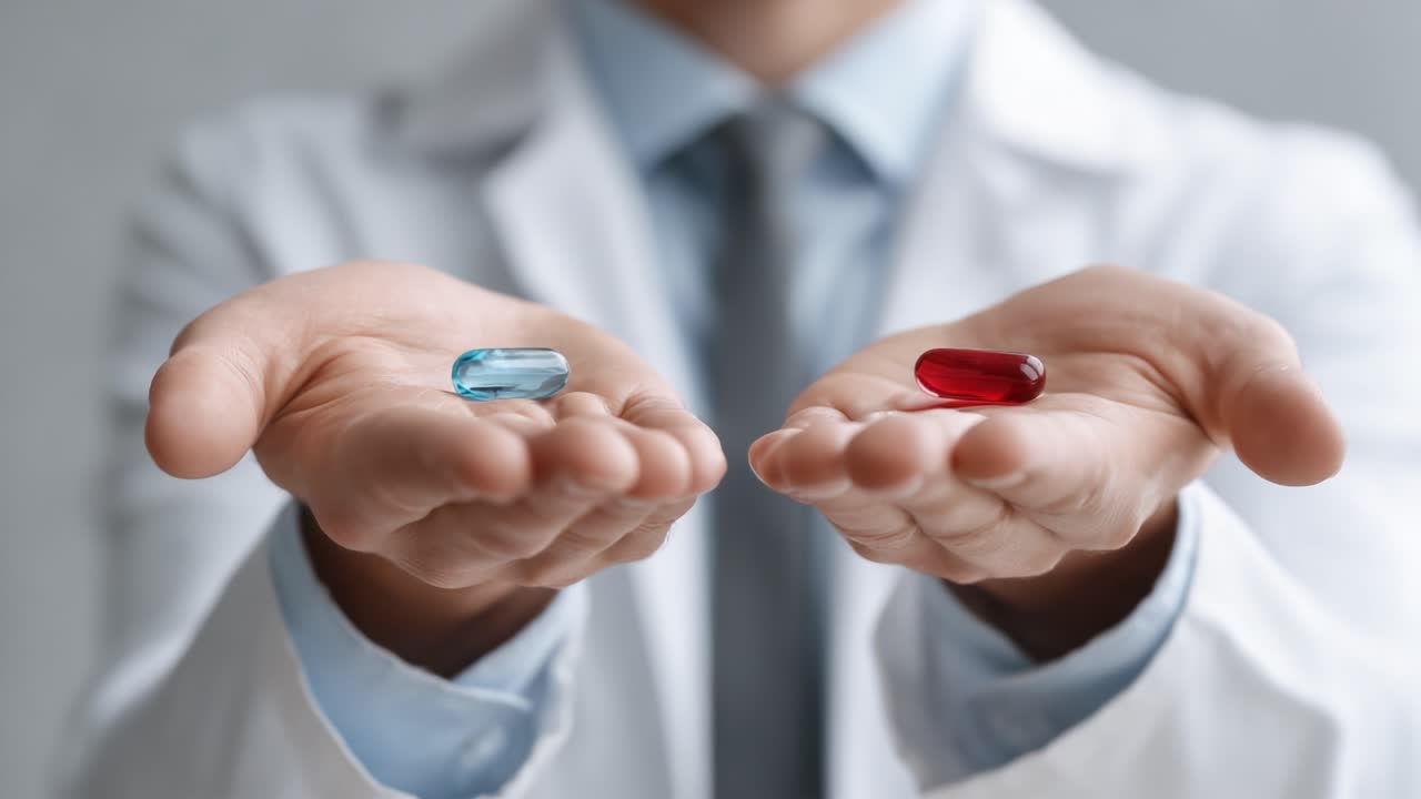 A Doctor Presents Choices: The Duality of Medications Symbolized by a Blue Pill and a Red Pill in Outstretched Hands, Representing Decision-Making in Health