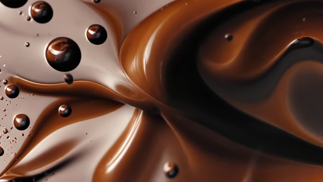 Vídeo em close-up de líquido de chocolate rodopiando, capturando texturas suaves e destaques brilhantes