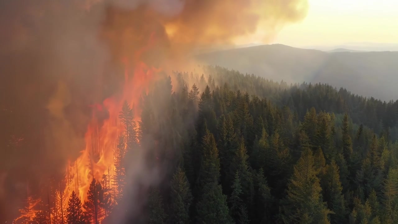 Aerial View of Forest Fire Burning Through Pine Trees