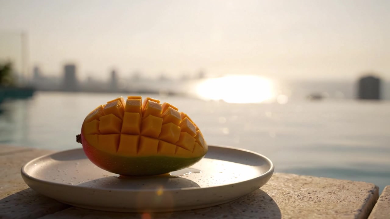 Un mango rinfrescante su un piatto a bordo piscina al tramonto, che ne evidenzia la consistenza succosa e i colori vivaci su uno sfondo di un bellissimo paesaggio urbano.