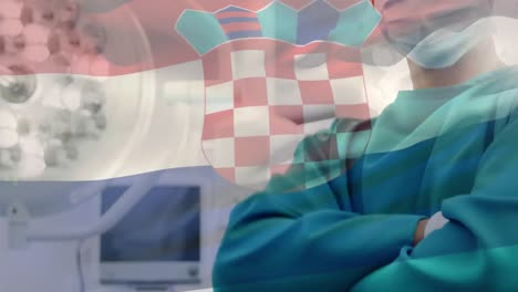 Animation-Der-Flagge-Kroatiens,-Die-über-Einem-Chirurgen-Mit-Gesichtsmasken-Weht