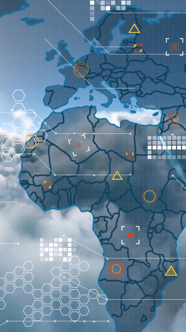 Animation of world map and data processing against clouds in the blue sky