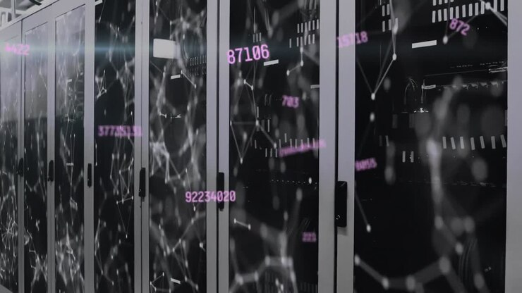 Animation of changing numbers and network of connections against computer server room