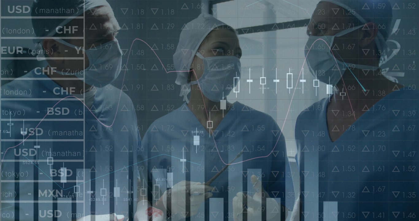 Left surgeon glancing at nurse activating financial chart overlay while team planning surgery