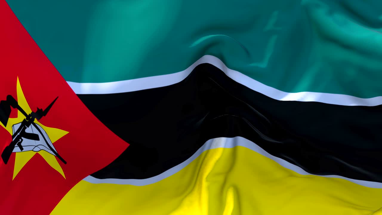 bandera de mozambique ondeando en el viento animación en cámara lenta. 4k textura de tela realista bandera soplando suavemente en un día de viento fondo de bucle continuo sin costuras.