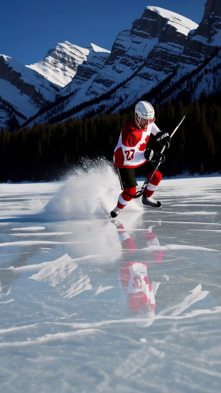 Hockey Player on Frozen Lake in Mountains