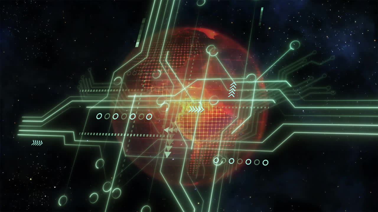 Animation of digital circuit lines and data processing over red planet in space