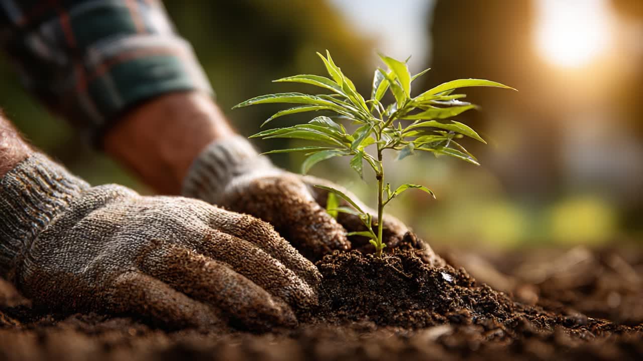 Coltivare la crescita: un giardiniere nutre una piantina mentre il sole tramonta, simboleggiando speranza e sostenibilità in un ambiente fiorente.