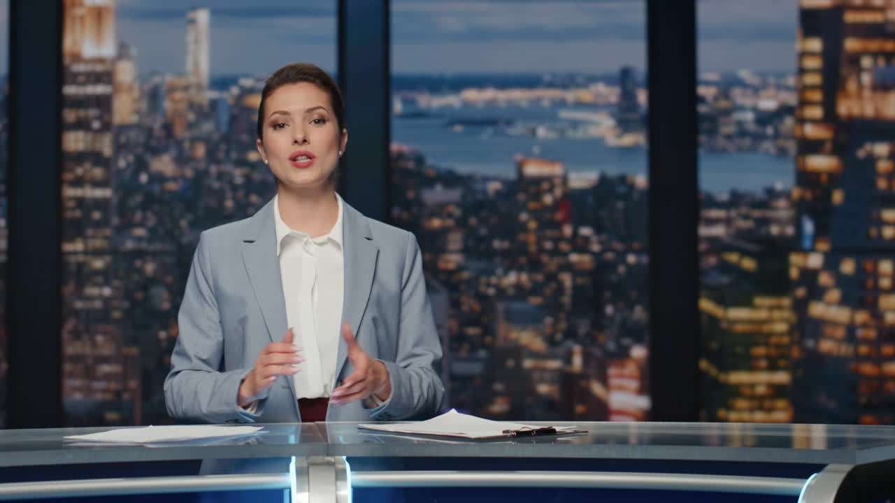 Lady journalist translating news closeup. Anchor presenting evening live report