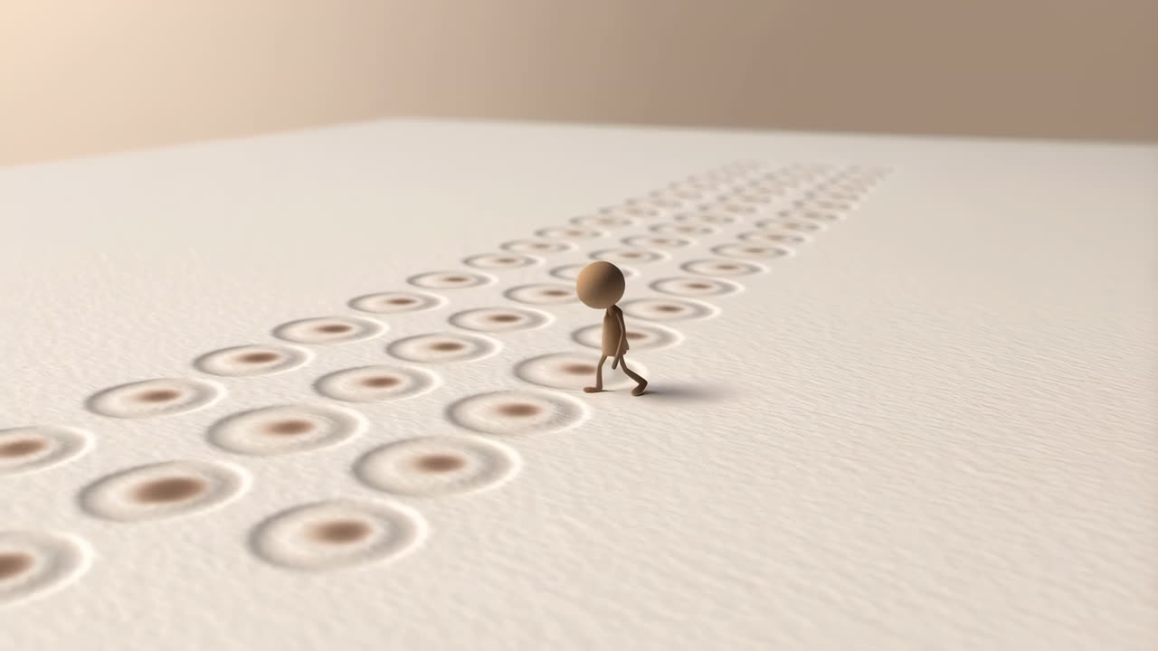 A small abstract figure walks on a path of circular indentations