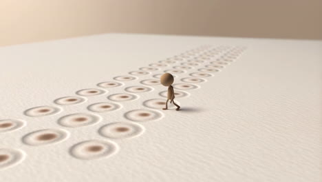 a small abstract figure walks on a path of circular indentations