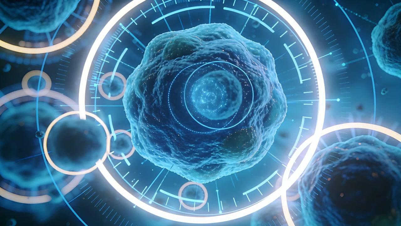 Activating HUD rings rotating, scanning central cell in lab, revealing core and drifting vesicles