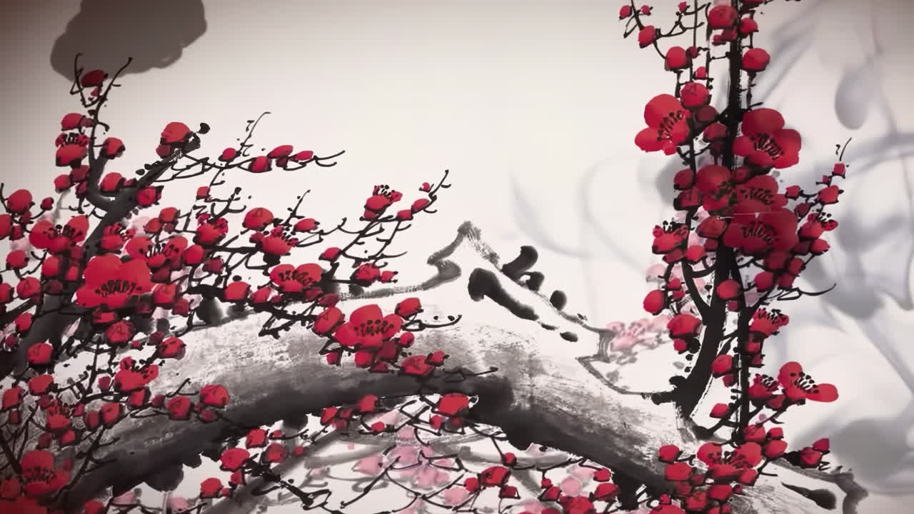 Elegant Ink Wash Painting of Blooming Red Flowers