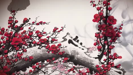 elegant ink wash painting of blooming red flowers