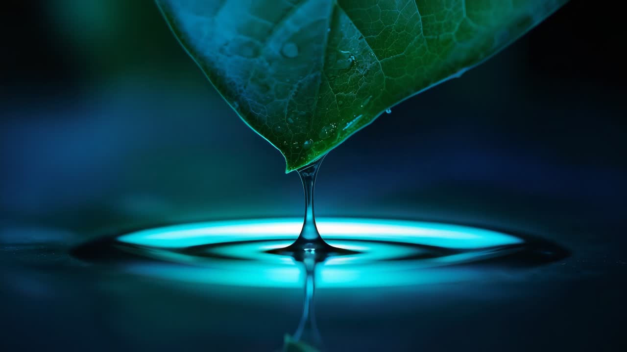 Releasing droplet on green leaf tip by neck-thinning, falling into turquoise pool in studio macro