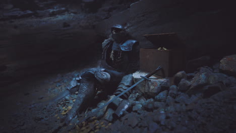 el caballero muerto descansa en una cueva oscura cerca de un cofre del tesoro y un arma antigua.