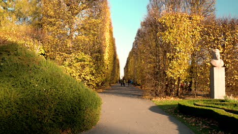 Otoño-En-El-Parque-Oliwski-Y-Jardines-En-Gdansk,-Polonia---Tiro-Inclinado-Hacia-Abajo