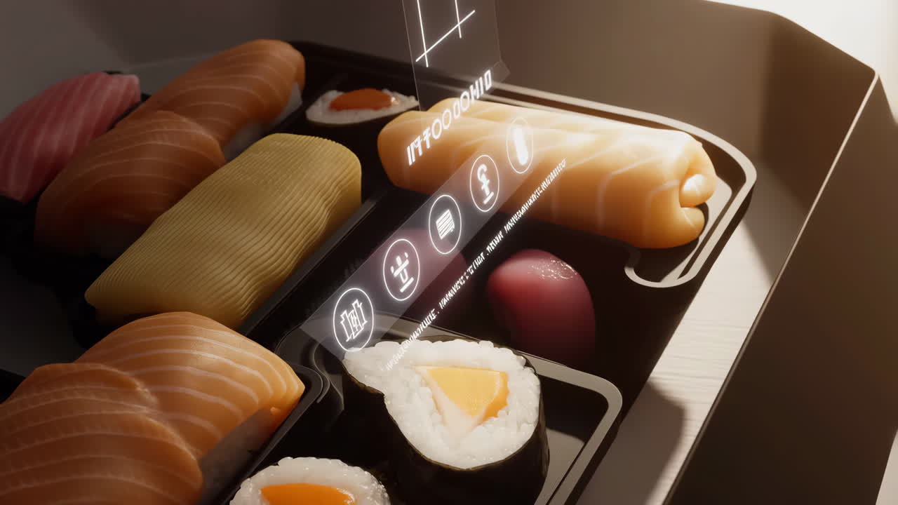 Primo piano di un bento box di sushi e sashimi con una sovrapposizione di display futuristico