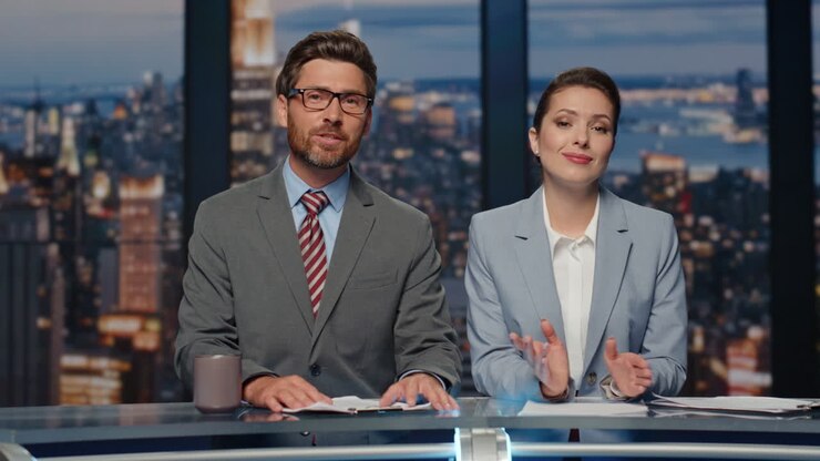 Smiling anchors broadcasting news at evening television media channel closeup