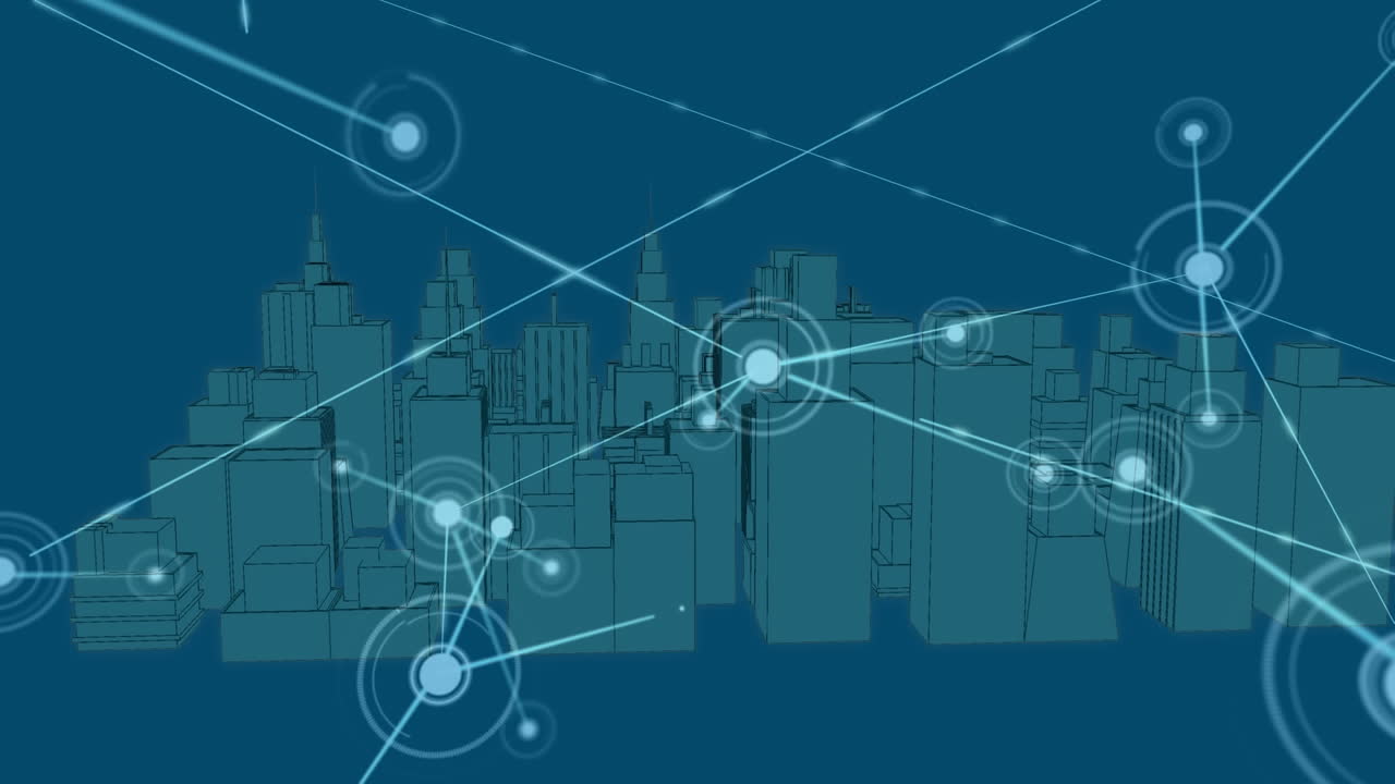 Animation of connected dots and rotating 3d model of modern cityscape over blue background