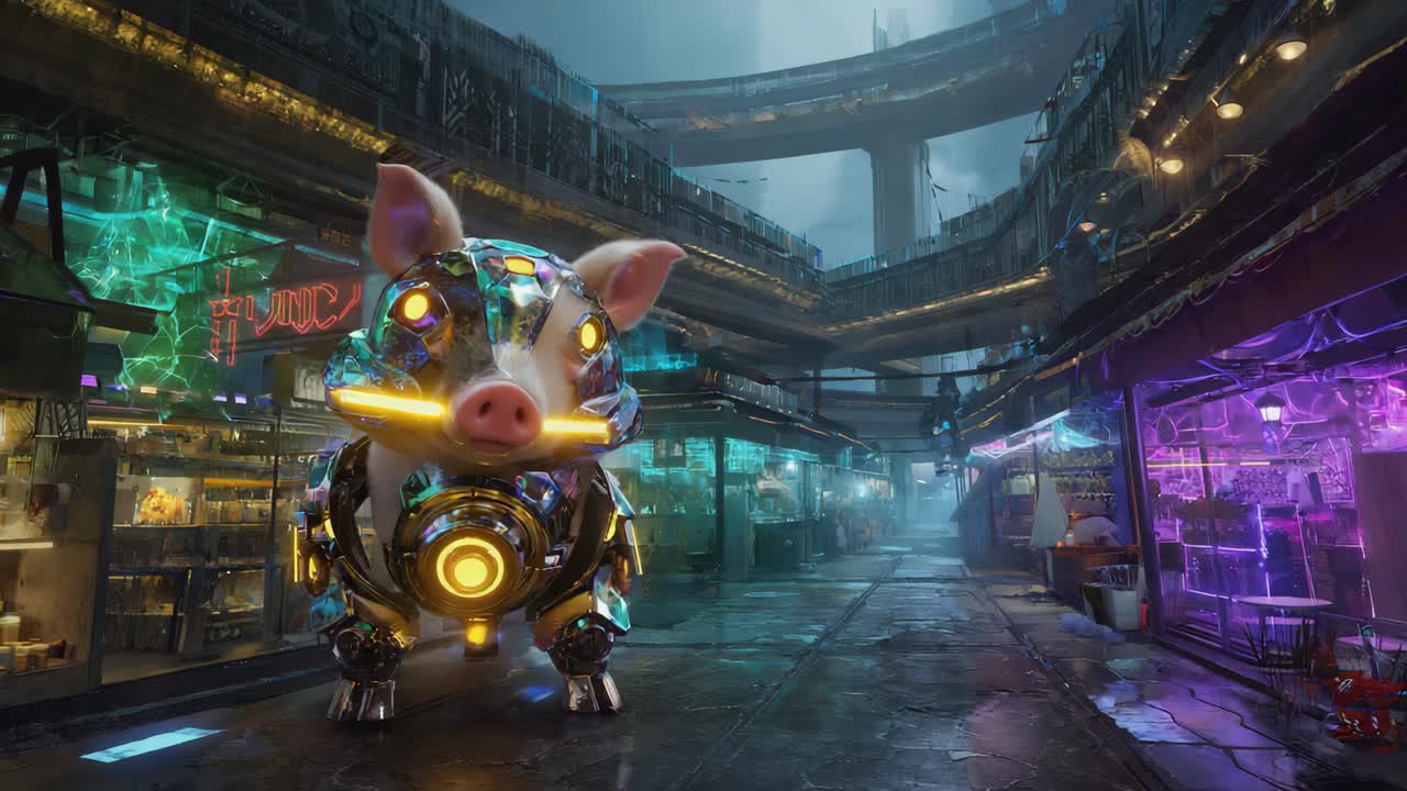 Cyberpunk Cyborg Pig in Futuristic Cityscape
