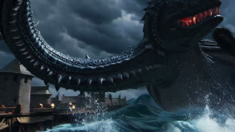 giant sea dragon attacks medieval city