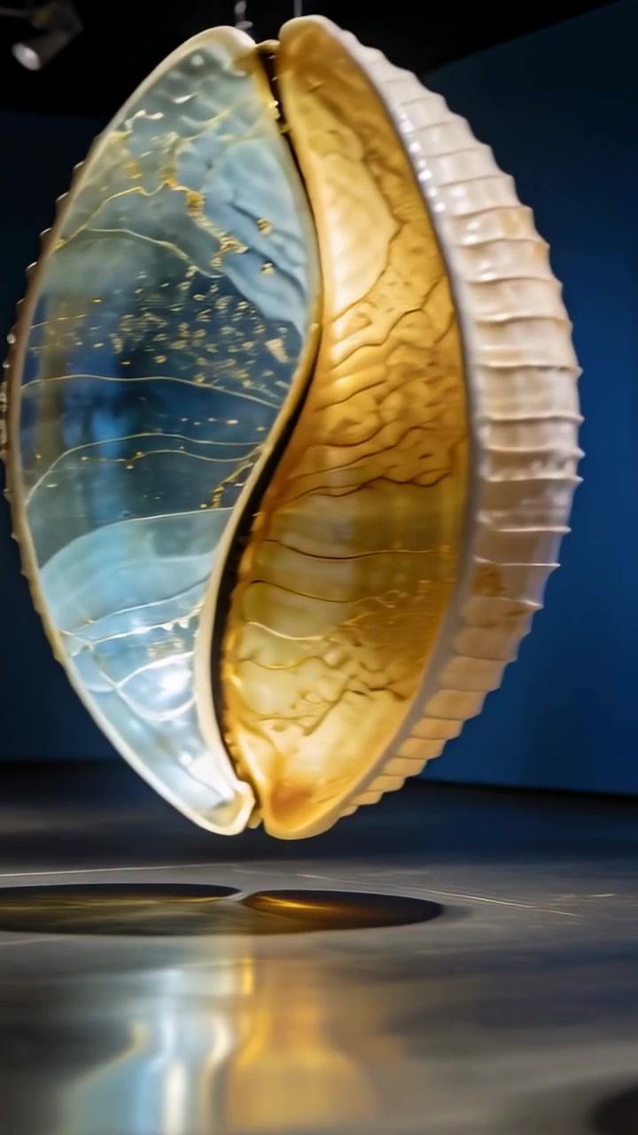Video verticale: Panoramica della telecamera che rivela due conchiglie cablate in galleria per mostrare gli interni blu-ambra.