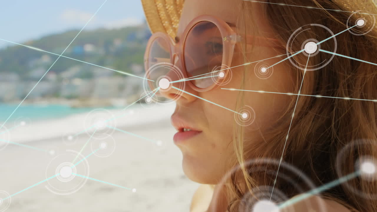 해변에서 행복한 여성에 대한 연결 네트워크의 애니메이션