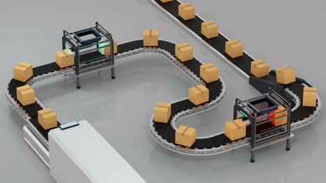 transmisión en bucle de la caja de embalaje en la cinta transportadora, representación en 3d.