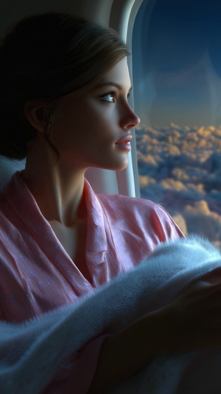 Uma Jornada Serena Pelas Nuvens: Uma Mulher Reflete Enquanto Olha Pela Janela de um Avião Para o Céu Majestoso e Nuvens Fofas Abaixo Durante o Pôr do Sol