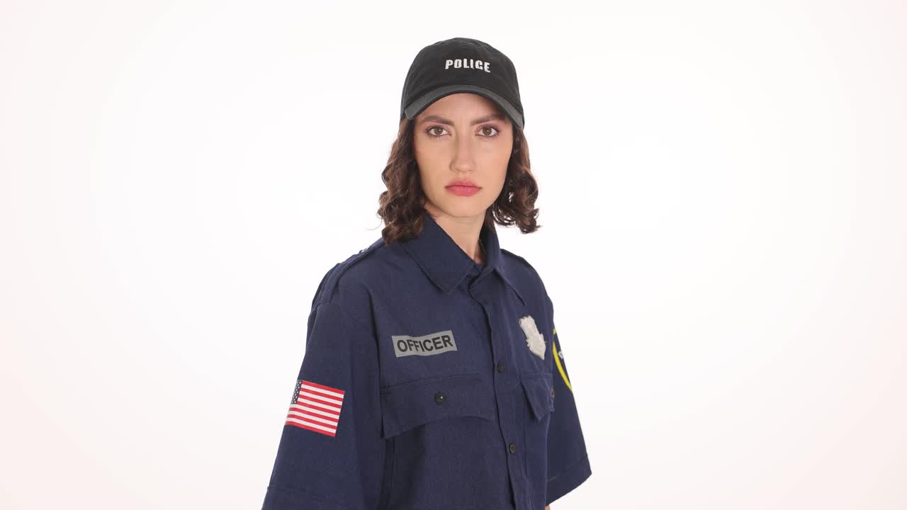 Junge Polizistin in Uniform auf weißem Hintergrund