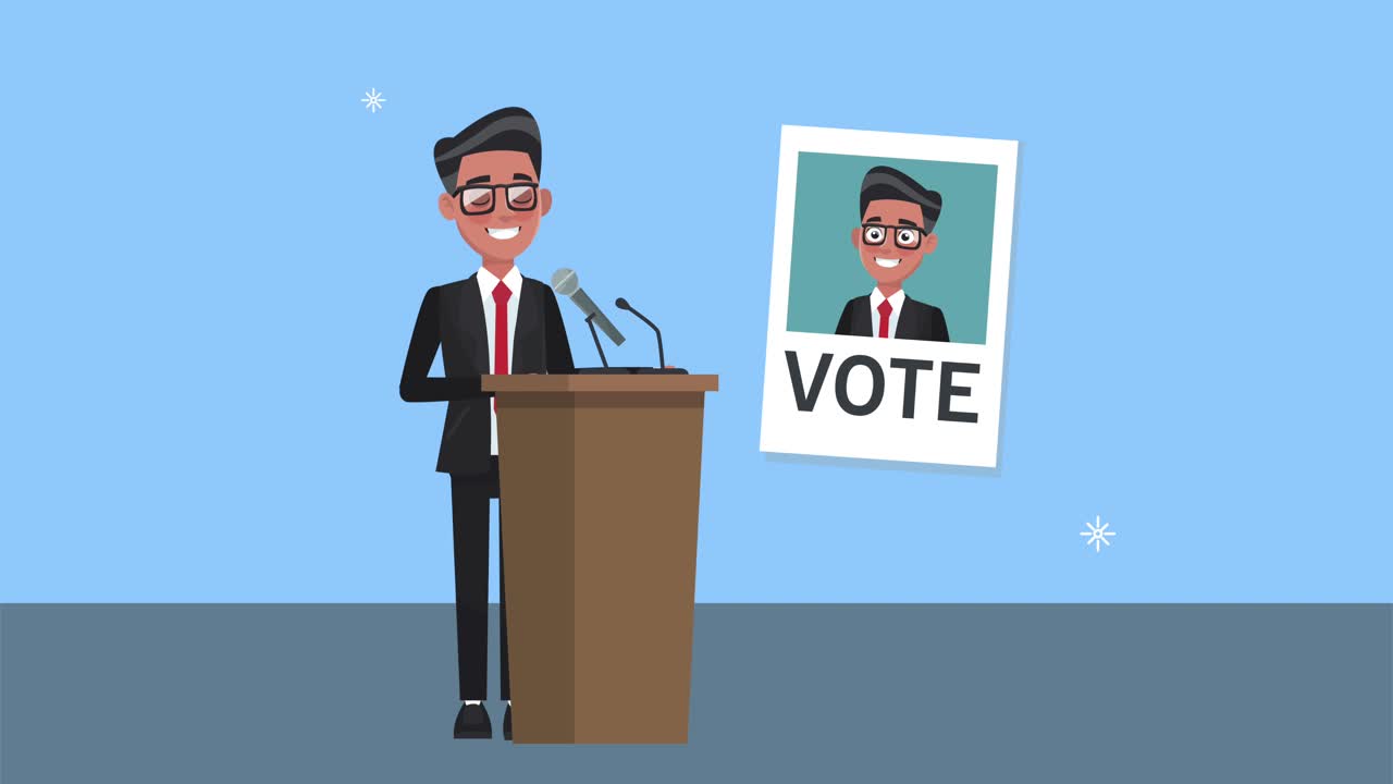 남자 후보자가 포디움과 포스터에서 연설하고 있습니다.