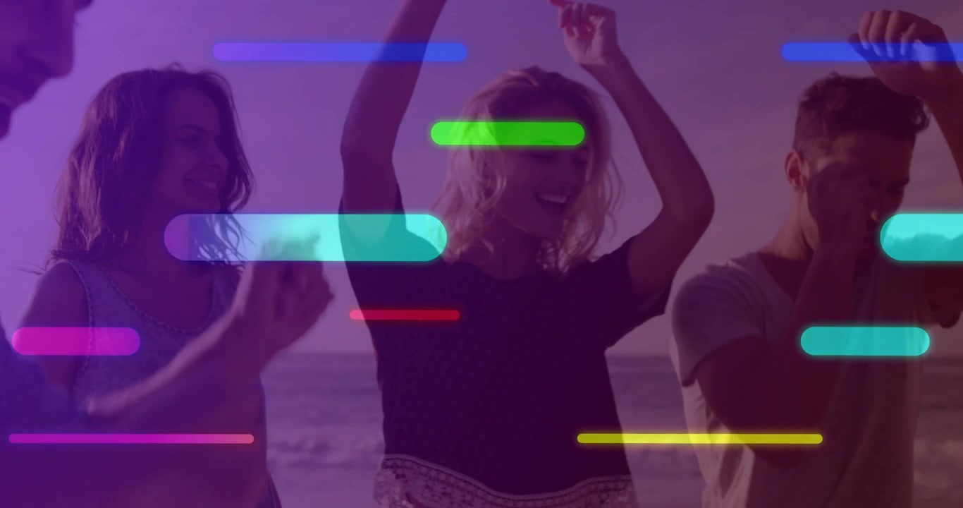 Musica che avvia barre neon animate mentre un gruppo canta e festeggia sulla riva al tramonto.
