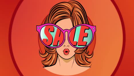 animación del texto de venta sobre una mujer con gafas de sol y círculos rojos pulsantes en el fondo