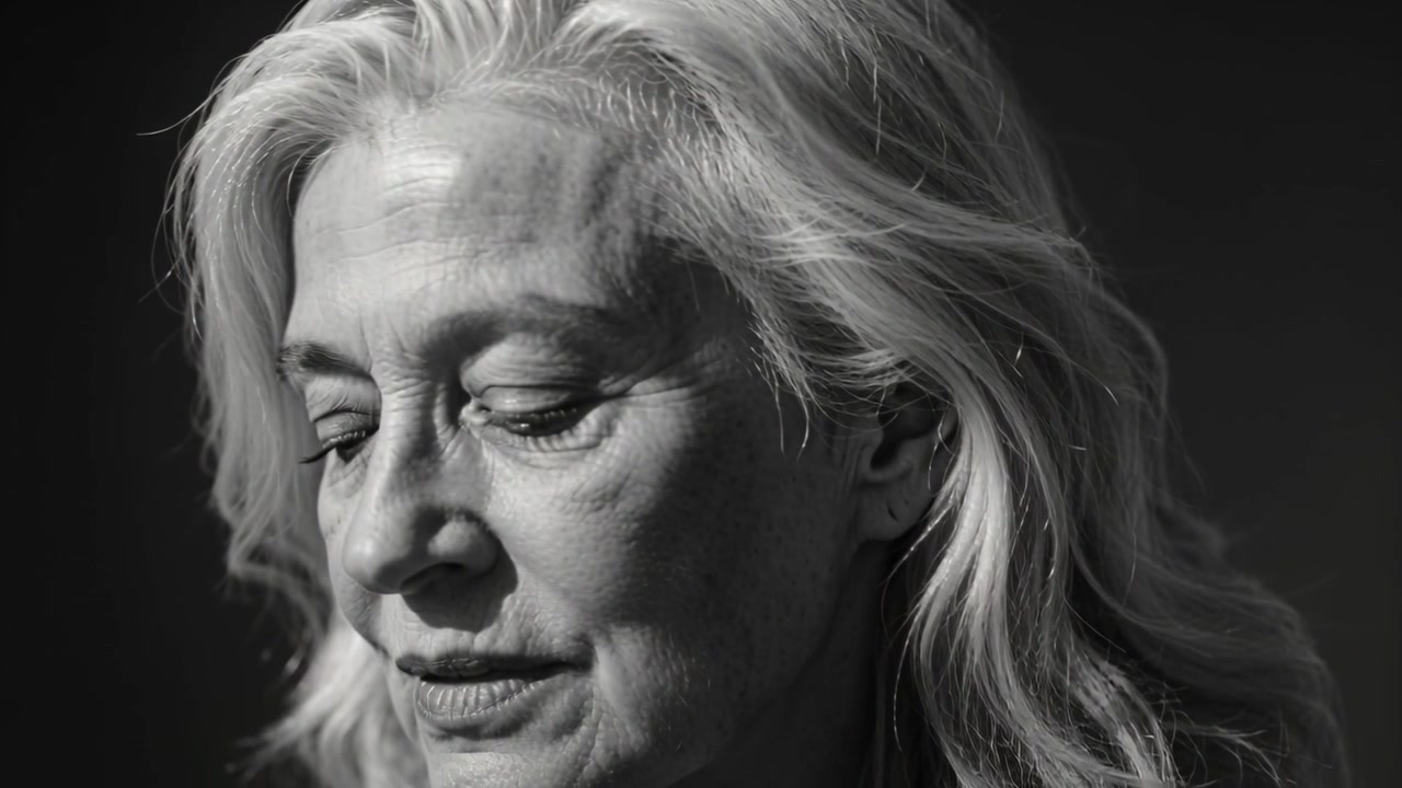 Abbassando lo sguardo su indicazione, donna anziana che chiude gli occhi, inclina la testa, riflette in studio, top scuro, orecchino