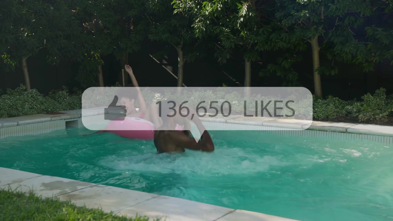 Woman on pink float, man running and jumping, splash splitting pair, likes climbing on social media