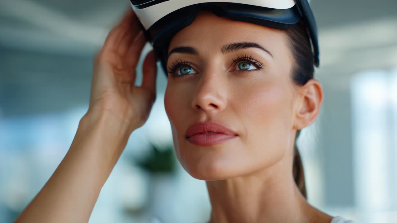 A woman experiencing virtual reality through a sleek headset, showcasing the transformative power of technology as she engages with a digital world, demonstrating innovation and immersive interactivity