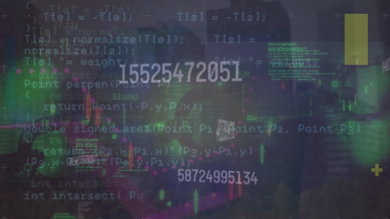 animación de números cambiantes y procesamiento de datos financieros contra edificios altos