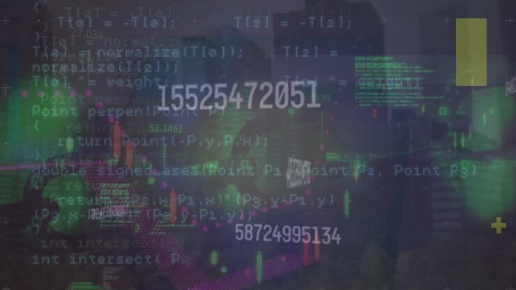 Animation of changing numbers and financial data processing against tall buildings