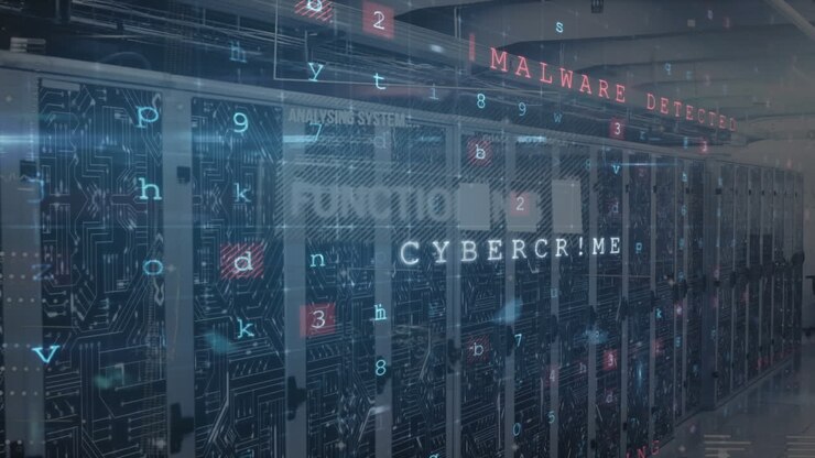 Animation of data processing and hacking texts over server room